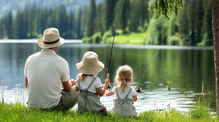 two young girls with their father fishing at a lake, hats, fishing pole, copy space