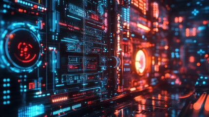 Fototapeta premium Futuristic digital interface with glowing blue and red circuits, showcasing advanced technology and data processing. vibrant colors create dynamic and immersive atmosphere