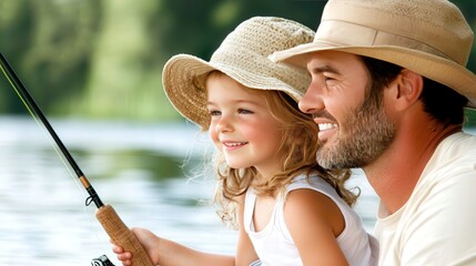 young girl with their father fishing at a lake, copy sapce