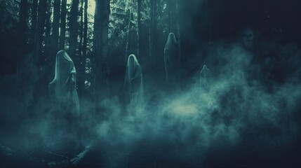 Spooky ghostly figures in a dark forest