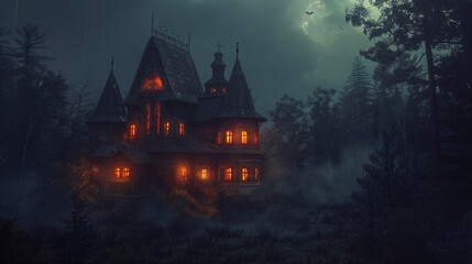 Haunted house with glowing windows