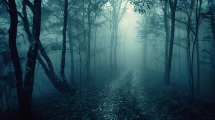 Eerie mist covering a dark forest path