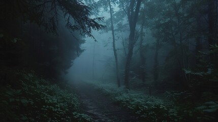 Eerie mist covering a dark forest path