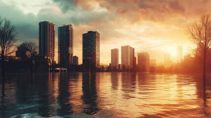 Fototapeta premium A stunning urban landscape at sunset, showcasing skyscrapers partially submerged in water, reflecting warm hues of sky. scene evokes sense of tranquility amidst chaos of flooding