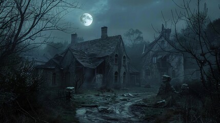 Spooky abandoned village at night