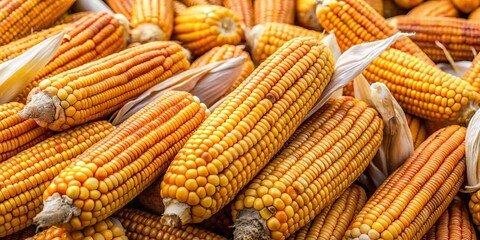 Golden kernels glisten on freshly harvested corncobs, exposed and free, amidst soft silk and crisp husks, radiating