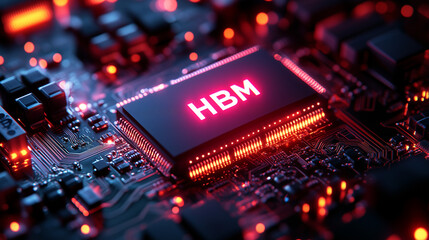 "HBM" letters glowing on dark background. Image of stacked high bandwidth dram memory chips.