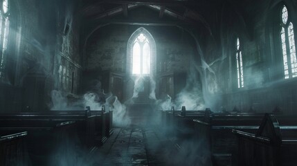 Haunted church with ghostly figures