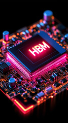 "HBM" letters glowing on dark background. Image of stacked high bandwidth dram memory chips.