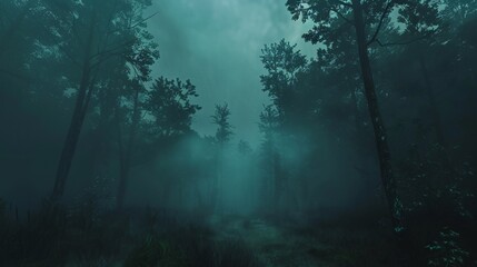 Eerie fog rolling through a dark forest