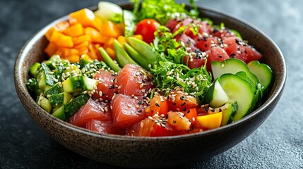 Close-up of a Colorful Poke Bowl with Tuna, Avocado, Cucumber, and Sesame Seeds
