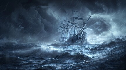 Spooky ghost ship in a stormy sea