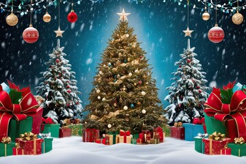 Obraz premium Stunning Yuletide Background with Heavy Snowfall, Glorious Trees, and Vibrant Decorations for a Festive Celebration