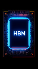 "HBM" letters glowing on dark background. 