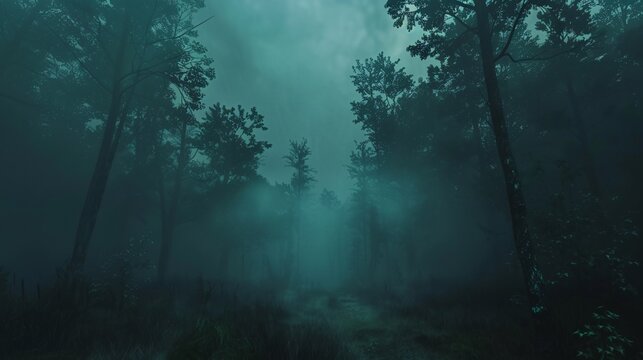 Fototapeta Eerie fog rolling through a dark forest