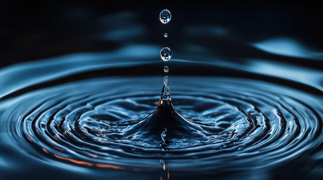 A single water droplet creates ripples in calm blue surface, showcasing beauty of natures simplicity and mesmerizing effect of water