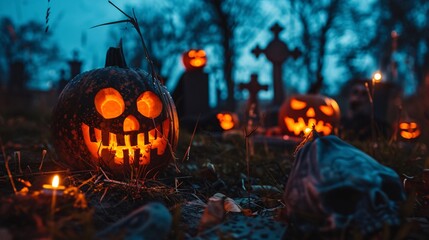 Fototapeta premium Spooky graveyard with glowing pumpkins