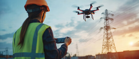 A woman in a safety vest is controlling a drone. The drone is flying over a power line