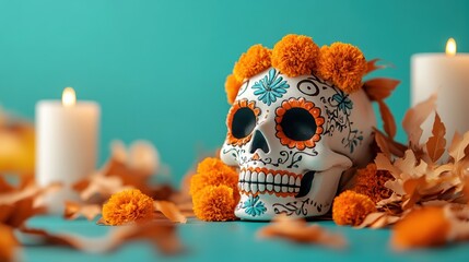 Colorful skull adorned with marigolds and candles, a vibrant symbol of celebration and remembrance in festive decor.