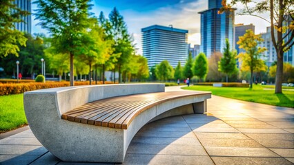In harmony with the city's vibrant energy, a minimalist bench sits serenely amidst lush greenery, its sleek lines