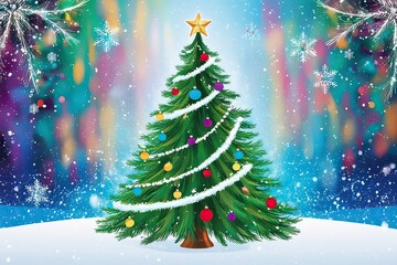 Obraz premium Enchanting Winter Tree Artwork with Dreamy Snowy Landscape and Vibrant Abstract Holiday Background