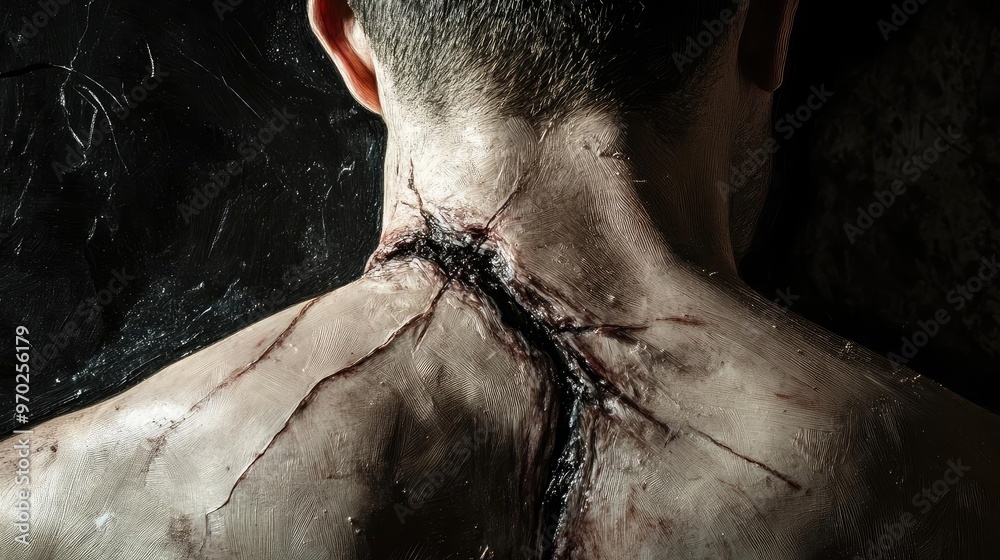 Poster a dramatic close-up of a person's back featuring intricate cracks and textures, evoking a sense of p