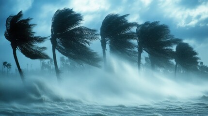 A stormy sea with five tall palm trees being blown over by the strong winds