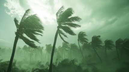 A storm is blowing through a forest of palm trees
