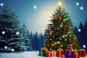 Obraz premium Magical Christmas Scene with Gentle Snowflakes, Lush Pine Trees, and Colorful Holiday Lights