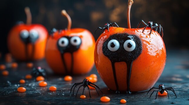 Halloween themed candied apples covered in black candy, decorated with candy eyes and spiders, placed on a dark rustic table.