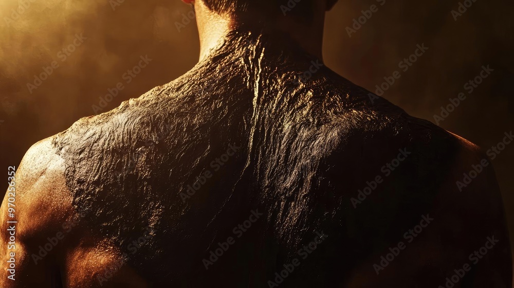 Poster a close-up view of a man's textured back, highlighting intricate details and a dramatic lighting eff