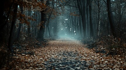 Obraz premium A deserted autumn forest path covered in fallen leaves, with ghostly apparitions drifting among the trees, evoking a sense of being watched and haunted 