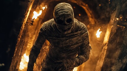 A mummy wrapped in ancient bandages, torn bandages staggering out of an ancient crypt filled with cobwebs and torches, against a dark and eerie backdrop.