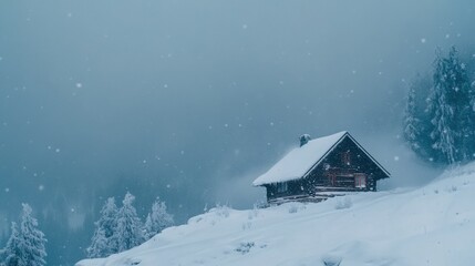 A small cabin is covered in snow and sits on a hill