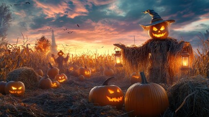A spooky autumn scene with scarecrows in a pumpkin patch, lit by flickering lanterns, surrounded by hay bales and dried corn stalks under a twilight sky