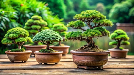 Fototapeta premium Miniature Japanese bonsai trees nestled in earthenware pots evoke harmony and balance, symbolizing nature's serene