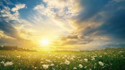 A field of flowers with a bright sun in the sky