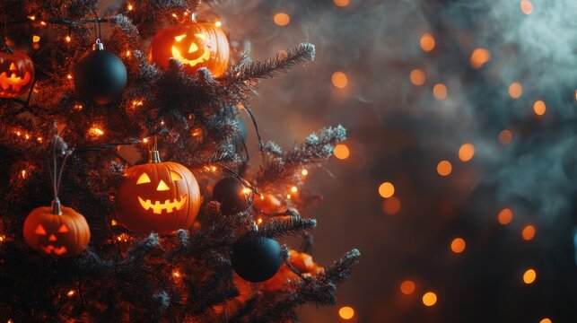 A spooky Halloween tree decorated with orange and black ornaments, mini jack-o'-lanterns, and string lights, set against a dark, foggy background.