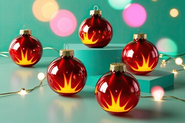 Obraz premium 3D Visualization of Colorful Glass Christmas Ornaments on Mint Background with Bright Bokeh Effects