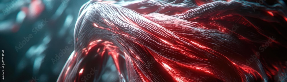Aufkleber Abstract close-up of intricate red fibers illuminated by soft light, evoking a sense of depth and texture in a dynamic composition.