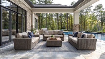 Cozy outdoor seating area by a pool surrounded by trees.