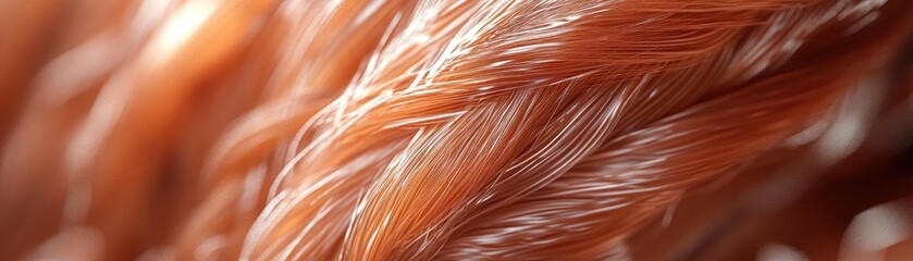 Close-up of beautifully textured orange hair strands displaying depth and shine, ideal for beauty and hairstyling concepts.