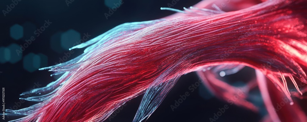 Poster an intricate close-up of vibrant muscle fibers, showcasing detailed texture and color against a dark