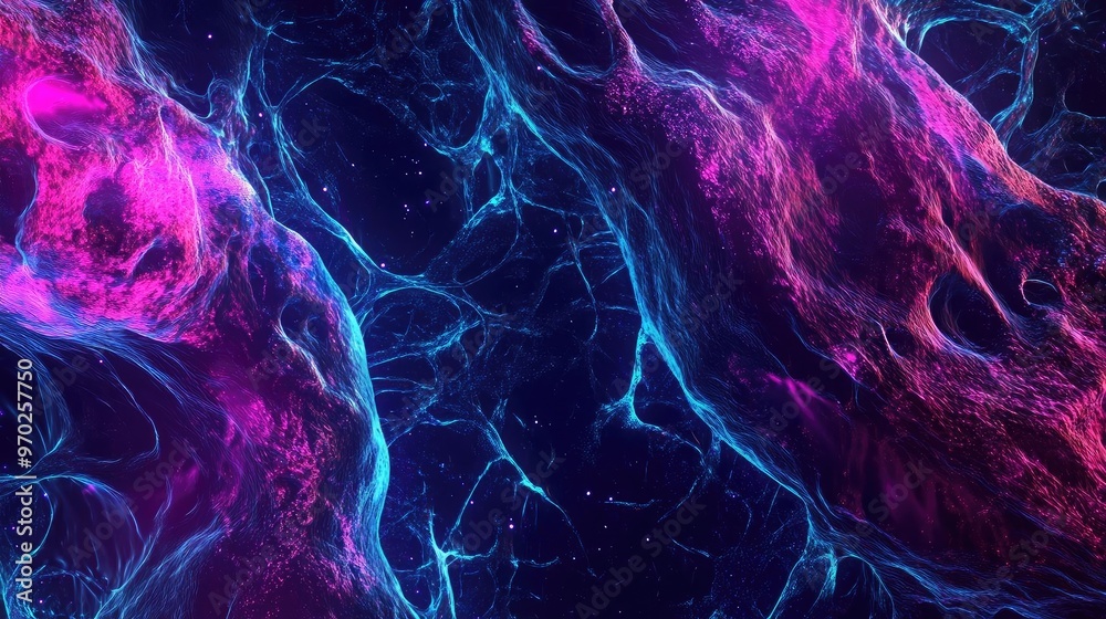 Poster abstract digital artwork featuring vibrant neon colors and intricate patterns resembling cosmic stru