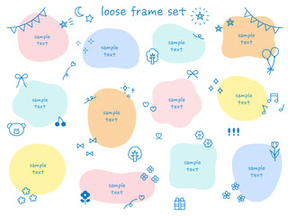 ゆるいフレームのベクターイラストセット。アイコン、手書き、リボン、ハート、花、くま