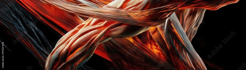 Poster dynamic representation of muscle fibers showcasing strength, power, and vitality in an abstract comp