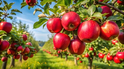 Ripened by the sun, the apples cling to the branches of the apple tree, their deep red color
