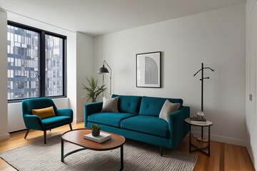 Fototapeta premium Deep Teal Sofa and Accent Chair in Minimalist Studio Apartment Design