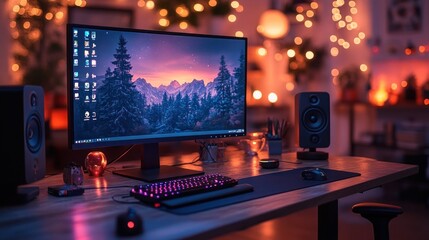 Computer Setup with Stunning Mountain Landscape Desktop Background