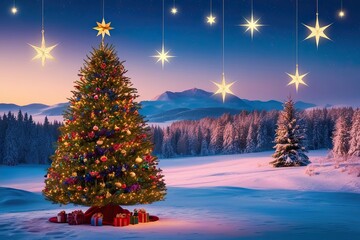Stunning Winter Landscape Featuring Colorful Christmas Tree Under Brilliant Stars
